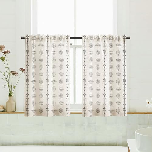 Lino Rosa Boho Kitchen Curtains 36 Inch Length,Sheer Linen Modern Farmhouse Style Half Curtains for Windows Bathroom,Black and Cream White,24x36 in Long - color: Black, size: 24"W x 36"L (Pack of 2)