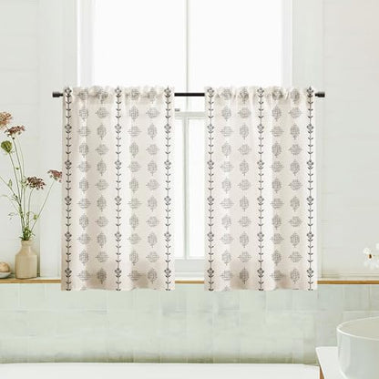 Lino Rosa Boho Kitchen Curtains 36 Inch Length,Sheer Linen Modern Farmhouse Style Half Curtains for Windows Bathroom,Black and Cream White,24x36 in Long - color: Black, size: 24"W x 36"L (Pack of 2)