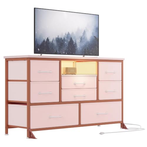8-Drawer LED Dresser TV Stand with Power Outlet for 55'' TV - Wide Storage Chest for Bedroom, Living Room & Entryway, Wood Top Console Table with 22 Light Modes - color: Pink