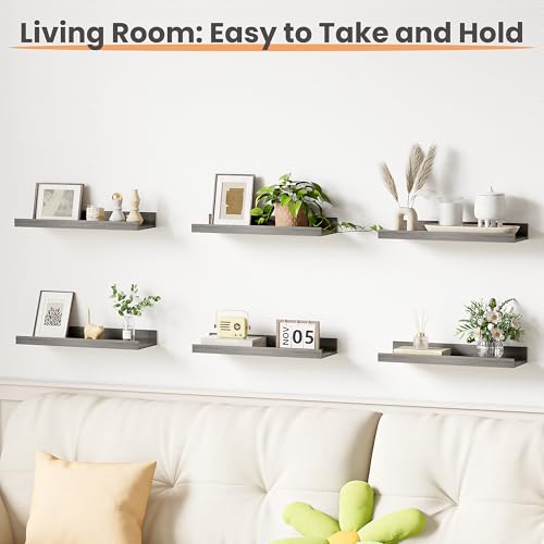 upsimples Floating Shelves for Wall Decor and Storage, Grey, 6Pcs 15.7'' | Wall Mounted Wood Shelves for Living Room, Bedroom, Bathroom, Kitchen, Office, Laundry Room Display and Organize - color: Grey, size: 15.7in