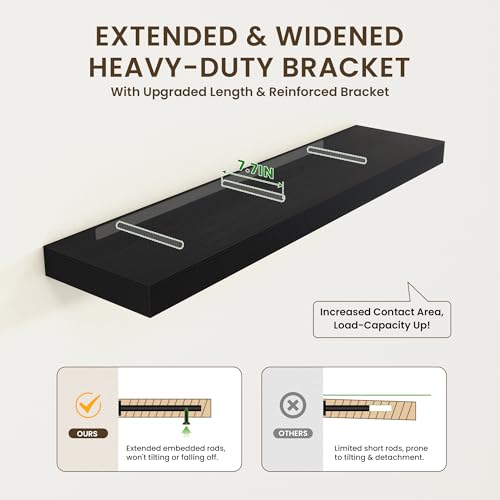 72 Inch Floating Shelves, 12'' Deep Black Shelves for Wall Set of 2 | Invisible Brackets, Engineered Wood, Mounting Hardware Included, 60LBS, Bathroom, Laundry Room, Kitchen, Living Room - color: Black, size: 72W x 11.6D x 2H, 2 Pack