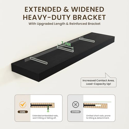 72 Inch Floating Shelves, 12'' Deep Black Shelves for Wall Set of 2 | Invisible Brackets, Engineered Wood, Mounting Hardware Included, 60LBS, Bathroom, Laundry Room, Kitchen, Living Room - color: Black, size: 72W x 11.6D x 2H, 2 Pack