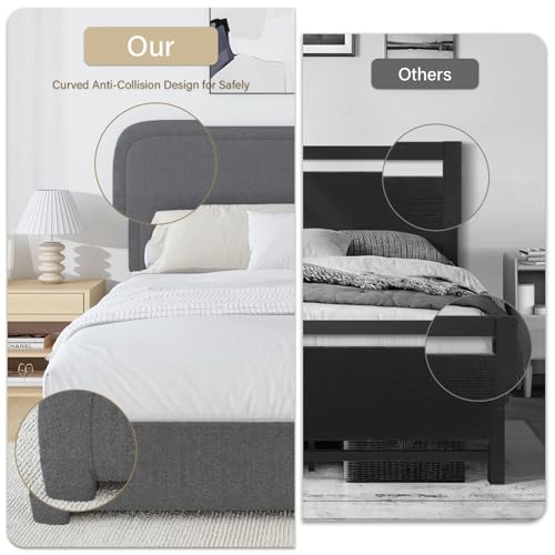 BarnFurin Full Bed Frame, Cloud Boucle Headboard, Low Profile, Dark Grey | Soft boucle and rounded edges create a low-profile cloud look. Wooden slats support the mattress without a box spring - color: Dark Grey, size: Full