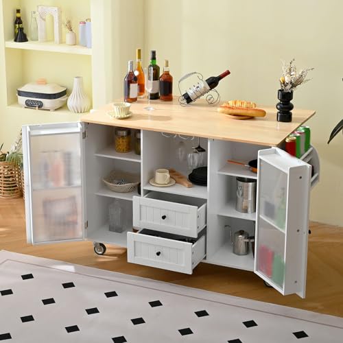 Kitchen Island Cart with Drop Leaf 13 Storage Areas 5 Lockable Wheels Solid Wood White Modern Kitchen Island Table Cart Rolling for Small (White)