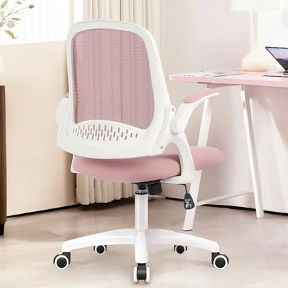 NEO CHAIR Office Desk Chair, Ergonomic Mesh with Flip-Up Armrests, Pink | Lumbar Support, Height Adjustment, 360° Swivel and Rolling Base, Space-Saving Design for Home Office, Vanity or Study - color: Pink