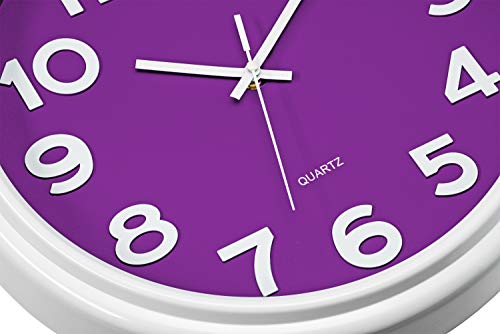 Bernhard Products Large 12.5 Inch Purple Wall Clock with Non-Ticking Sweep Movement, Quartz Analog Display, Solid Plastic Case, Metal Hands, Battery Operated, Easy to Read - style: Violet