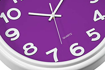 Bernhard Products Large 12.5 Inch Purple Wall Clock with Non-Ticking Sweep Movement, Quartz Analog Display, Solid Plastic Case, Metal Hands, Battery Operated, Easy to Read - style: Violet