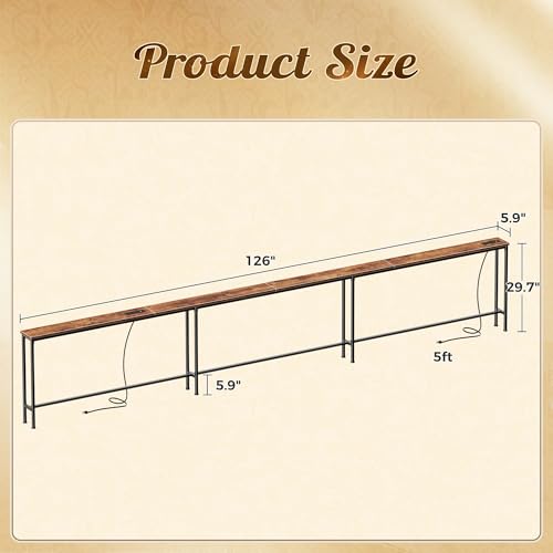 Huuger 126 Inch Sofa Table with Power Outlets, Skinny Behind Couch Table | 5.9 Inch Narrow Entryway Table, Extra-Long Console Table, Behind the Couch Table with Outlet for Living Room, Rustic Brown - color: Rustic Brown, size: 5.9"D × 126"W × 29.7"H