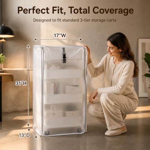 Utility Cart Cover Heavy Duty Dustproof Fits 17x13x31in Supply Cart | Frosted semi-transparent PVC cover keeps cart contents visible yet neat, moisture, and daily home clutter buildup - color: Frosted