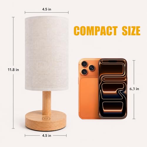Rechargeable Cordless Table Lamp,Touch Control&Stepless Dimming,Wireless Bedside Ambient Night Light with Wood Base&Linen Shade,Portable Battery Lamp for Bedroom,Nightstand,Nursery,Camping,Outdoor