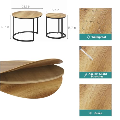 Smuxee Nesting Coffee Table Set of 2, 23.6" Round Coffee Table Brown Wood with Adjustable Non-Slip Feet, Industrial End Table Side Tables for Living Room Bedroom Balcony Yard - color: Brown, size: 23.6"W