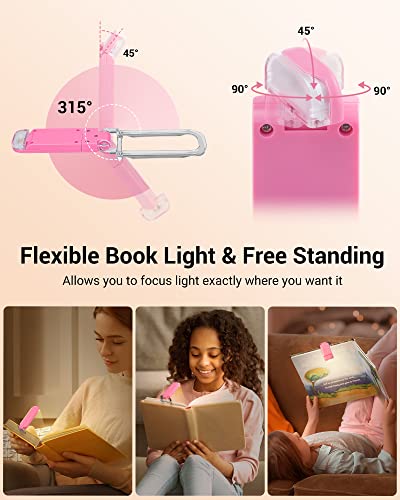 DEWENWILS USB Rechargeable Book Reading Light, Warm White, Brightness Adjustable, LED Clip on Book Lights for Reading in Bed, Car Reading Light for Kids, Bookworms (Pink) | 2 Brightness Levels, Flexible Lighting Angle, Compact & Lightweight, Ideal for Rea