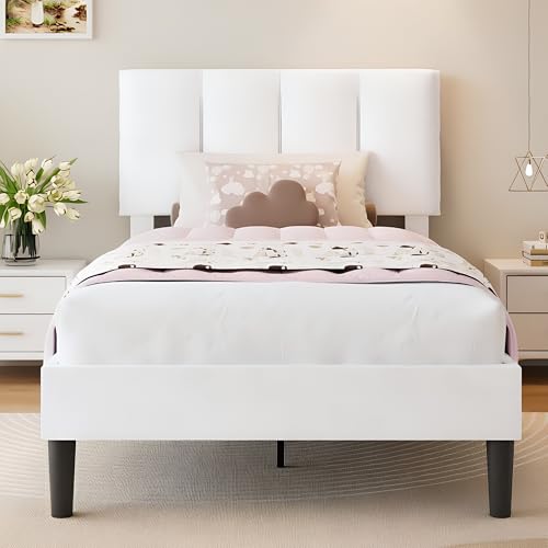 VECELO Twin Size Bed Frame with Upholstered Headboard, Heavy-Duty Bedframe with Wooden Slats & Steel Framework, Easy Assembly, Pure White - color: Pure White, size: Twin, style: Platform