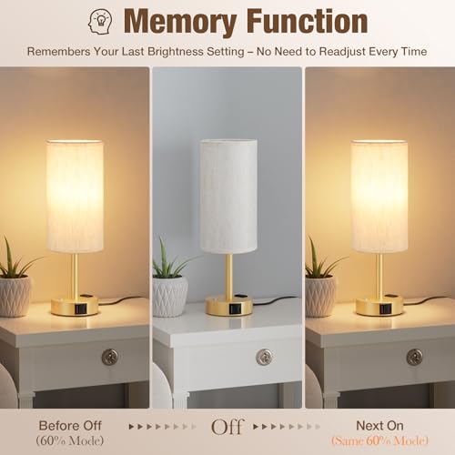 Gold Touch Bedside Lamp for Bedroom, Stepless Dimmable, USB A+C, AC Outlet | Base Touch Button Only, Memory Brightness, Ultra-dim Night Light, Included Bulb for Optimal Dimming, Cream Fabric Shade, Desk - color: Beige & Gold