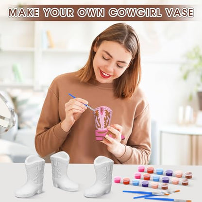 Affrolling 12 Set Cowboy Plaster Boot Vases Ceramics to Paint Ready to Paint DIY Unpainted Plaster Paintable Kit Contains Four Different Styles of Vases with Brush Palette for Adults - style: Plaster Boots