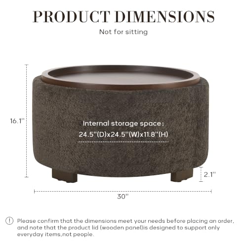 Zihanhome 30" Round Chenille Storage Ottoman Coffee Table with Removable Tray Top, Large Hidden Storage Ottoman, Solid Wood Legs for Living Room, Bedroom, Apartment (Dark Brown) - color: Dark Brown