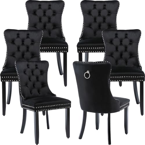 Black Velvet Dining Chairs Set of 6, Tufted Kitchen & Dining Room Chairs | Six Fabric Tufted Dinning Chairs, Velvet Upholstered, Wing Back, Metal Pull Ring, Wood Frame, Mid Century Modern - color: B-1 Black Velvet, Wood Legs, size: 6