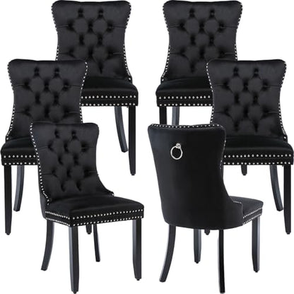 Black Velvet Dining Chairs Set of 6, Tufted Kitchen & Dining Room Chairs | Six Fabric Tufted Dinning Chairs, Velvet Upholstered, Wing Back, Metal Pull Ring, Wood Frame, Mid Century Modern - color: B-1 Black Velvet, Wood Legs, size: 6