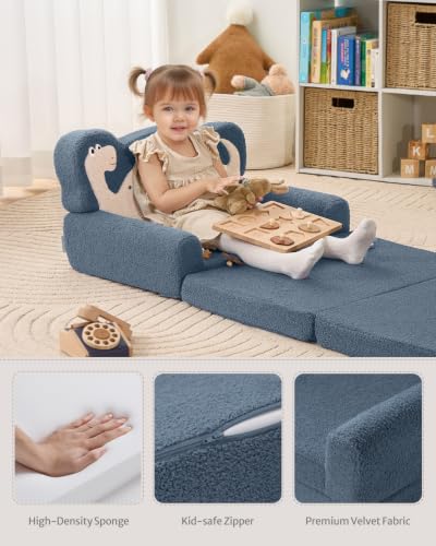 Blissful Diary Kids Couch, 2-in-1 Soft Fold Out Kids Couch, Kids Sofa Chair, Comfy Kids Furniture for Playroom, Reading & Play, Blue Dinosaur - color: Dinosaur Blue