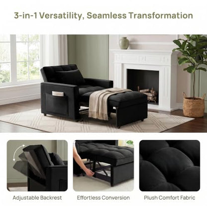 Sleeper Chair with Pull Out Bed, 3 In1 Convertible Couch Bed, Black | Adjustable Backrest,Soft Cushioning,Handy Side Pocket - color: D-black-g4
