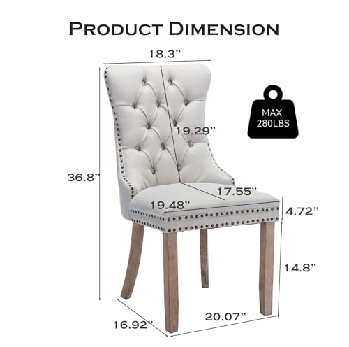 Linen Upholstered Dining Chairs Set of 6, Modern Style Kitchen Side Chairs with Nailhead Trim and Wood Leg, Metal Pulling Ring for Dining Room Living Room, Beige - color: Beige-linen, size: Set of 6