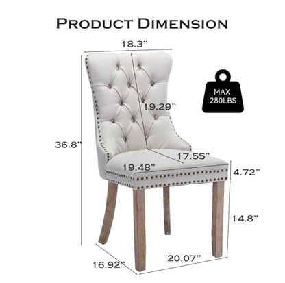 Linen Upholstered Dining Chairs Set of 8, Modern Style Kitchen Side Chairs with Nailhead Trim and Wood Leg, Metal Pulling Ring for Dining Room Living Room - color: Beige-linen, size: Set of 8