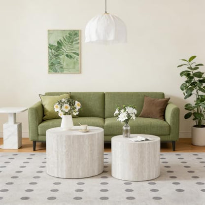 18 inch Stone Round Nesting Coffee Table Set of 2, Travertine | Travertine Veneer, For Living Room, Mid-Century Modern Style, Nestable Design, Nested End Side Table, For Small Spaces - color: Travertine
