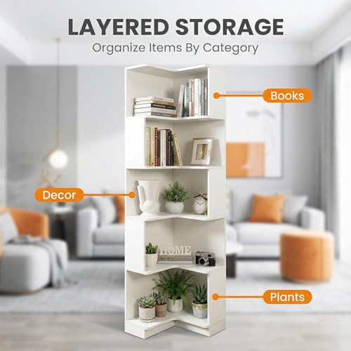 Corner Bookshelf, 5 Tier Tall Corner Bookcase with LED Lights, Freestanding L Shaped Open Display Shelf for Living Room, Bedroom, Home Office (White) - style: White-without drawers