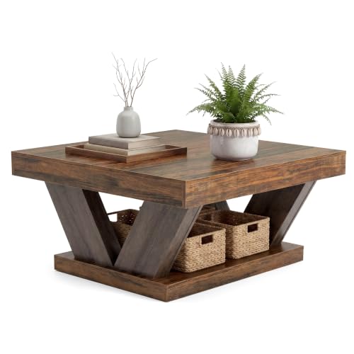 LITTLE TREE Coffee Table, Farmhouse Coffee Table with Large Storage Shelf | 2-Tier Rustic Wood Modern Center Table for Living Room、Home Office, Brown and Black - color: Black+brown