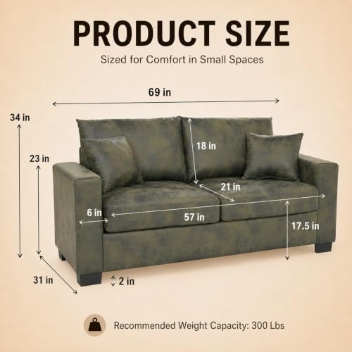 69'' Loveseat Sofa,Modern Fabric 2-Seater Sofa with 2 Pillows(Olive Green) | Small Couches for Living Room, Office,Apartment, Small Spaces,21 in Deep Seat - color: Olive Green
