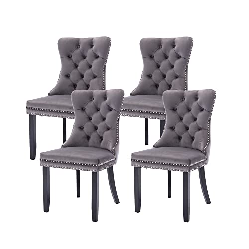 Virabit Tufted Velvet Upholstered Chairs Set of 4, Nailhead Back and Ring Pull Trim, Solid Wood Chairs for Kitchen/Bedroom/Dining Room (Grey) - color: Grey, size: set of 4