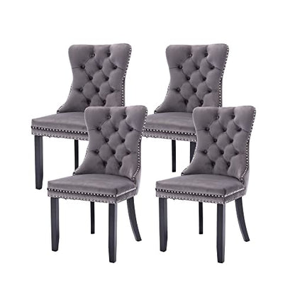 Virabit Tufted Velvet Upholstered Chairs Set of 4, Nailhead Back and Ring Pull Trim, Solid Wood Chairs for Kitchen/Bedroom/Dining Room (Grey) - color: Grey, size: set of 4