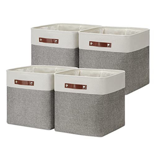 DULLEMELO 13 inch Fabric Storage Cubes 4 Pack Foldable Baskets/Bins for Home Office Organizer Closet, Shelves, Toy, Nursery - color: White&Grey, size: Cube/4P-13"x13"x13"