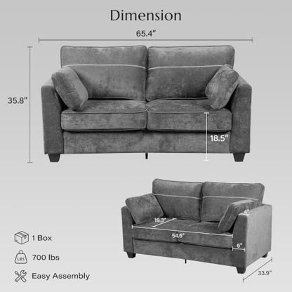 65.4" Loveseat Sofa, Chenille Love Seat with 2 Pillows, Grey | Easy Assembly, Pocket Spring Cushions, Comfy Modern Small Couch for Living Room, Bedroom, Apartment, Office - color: Grey, size: 65.4" Loveseat Sofa
