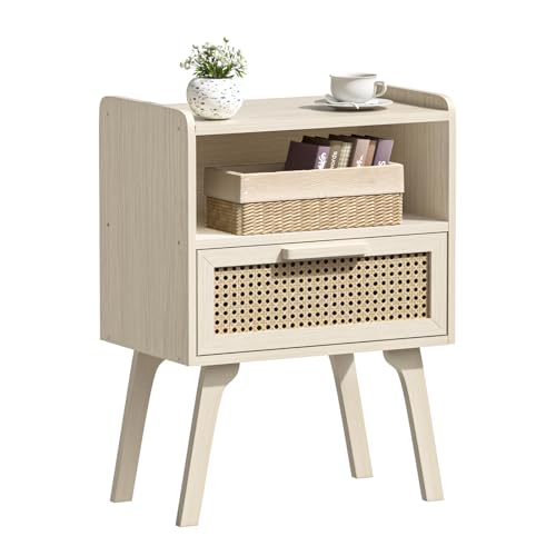 Lerliuo Rattan Nightstand, Side Table with Drawer Open Shelf | Bedside End Table with Solid Wood Legs, Mid Century Modern Night Stand for Bedroom, Dorm and Small Spaces (Grey White) - color: White Oak, size: 1 pack