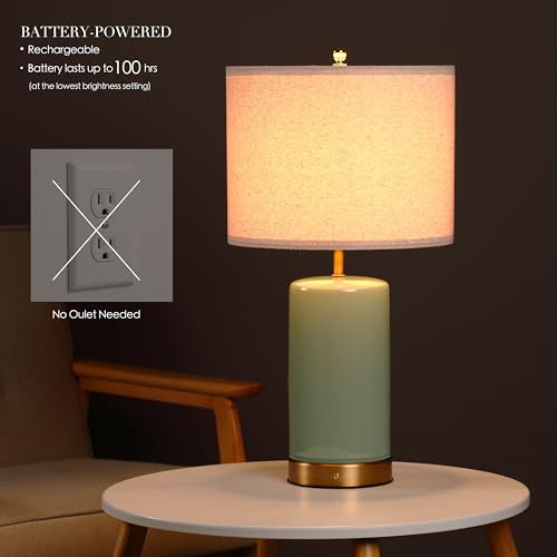 O’Bright Dune - Battery Powered Table Lamp, Rechargeable Cordless Ceramic Lamp, Full-Size 24 Inch Height, 4-Level Dimming, Smart Safety Protection, Type-C Fast Charging, LED Bulb Included, Sage Green - color: Sage Green, size: 24-inch