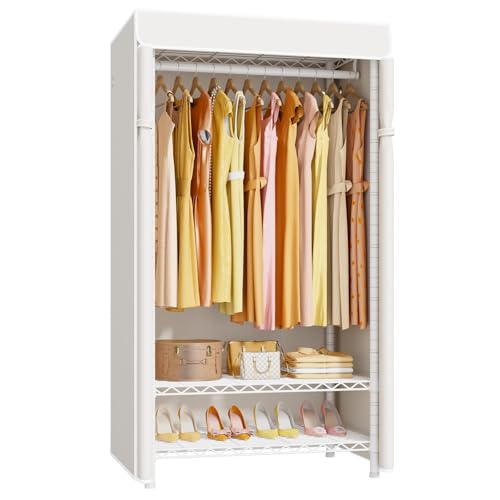 H5C Clothes Rack with Cover, Covered Clothing Rack Heavy Duty | Garment Rack with Shelves, 3-Tier Portable Closets for Hanging Clothes, Max Load 360LBS, White Closet Racks with White Cover - color: White Rack with White Cover, size: H5C