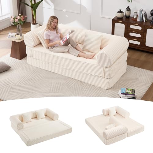 Tbfit 79'' Folding Boneless Couch, Oversized Corduroy Convertible Sofa Bed, Futon Mattress Sleeper Sofa, Comfy Foldable Upholstered Floor Couches for Living Room, Beige - color: Beige, size: 39.37'' Depth