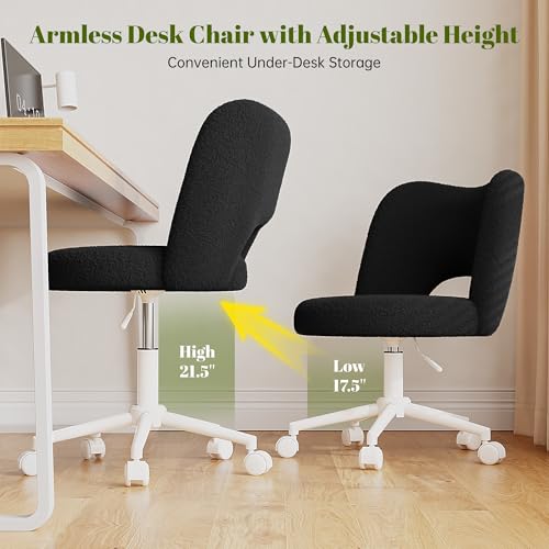 DurayLoly Vanity Chair with Wheels & Breathable Open-Back,Black | Fluffy Teddy Fleece Height Adjustable Armless 300lbs for Makeup Room, Bedroom, Dorm, Home Office, Black - color: Black