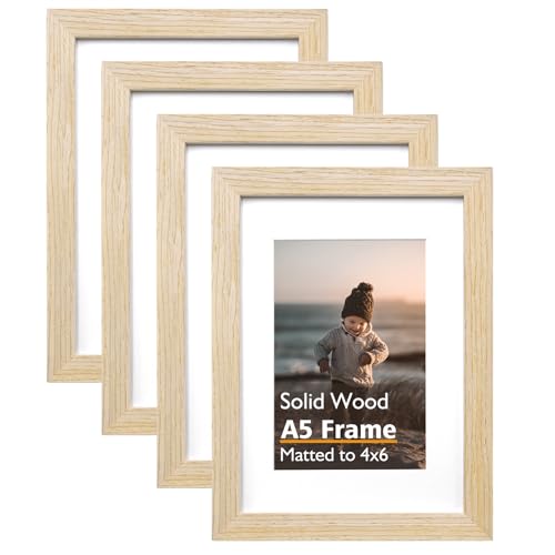 A5 Picture Frame Natural, Solid Wood Frames with Acrylic Plexiglass for Pictures 4x6 with Mat or A5 without Mat, Tabletop and Wall Mounting Display, Set of 4 - color: Natural, size: A5