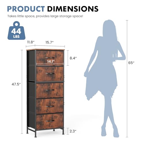DUMOS Nightstand with 5 Drawers, Bedside Table with Removable Fabric Bins, Sturdy Steel Frame Wood Top Skinny Dresser for Bedroom Closet Living Room, Brown - color: Brown, size: 15.7"D x 11.8"W x 47.7"H (5 Drawers)
