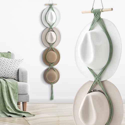 Macrame Hat Hangers Racks Boho Cowboy Hats Holders Western Display Organizer Storage decor Back of Door for Wall(Sage Green,Four Hats Style) - color: Sage Green, style: Four Hats Style