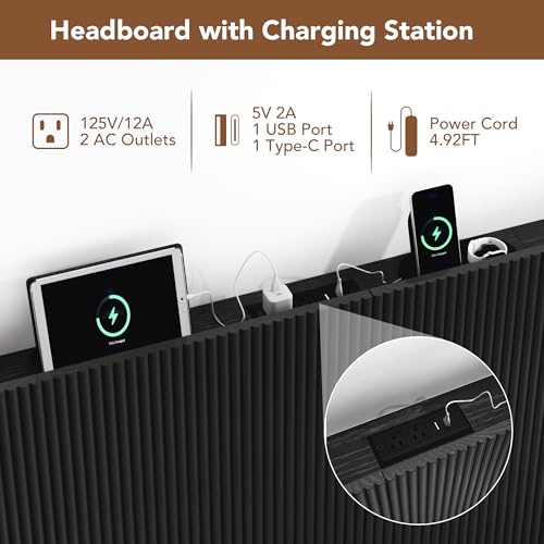 King Size Headboard with Outlets&Lighting, Black 80" W Headboard Only, Mid Century Modern Freestanding Fluted Headboard Noise-Free with Storage - color: Black, size: King