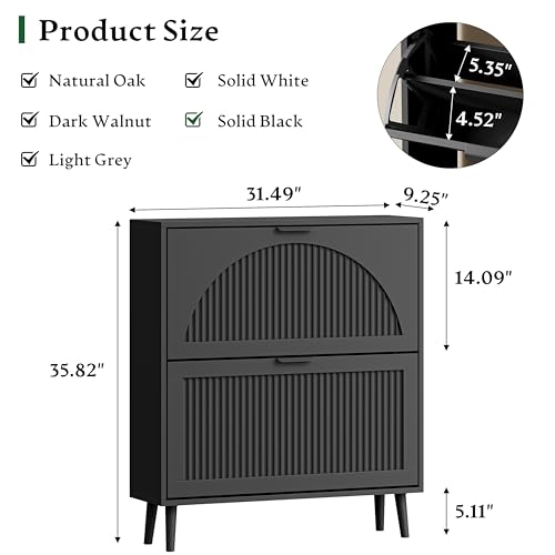 Xixini Shoe Storage Cabinet with 2 Flip Drawers, 36" Tall Narrow Wood Fluted Shoe Organizer for Entryway, Freestanding Wooden Hidden Slim Shoe Rack for Front Door Entrance, Hallway, Foyer, Solid Black - color: Solid Black, size: 2 Flip Drawers