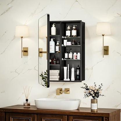 16x24 Black Medicine Cabinet with Mirror, Recessed & Surface Mount | Bathroom mirror with storage: 6 adjustable shelves fit tall bottles; DTC soft-close hinges; rust-resistant aluminum - size: 16" x 24"