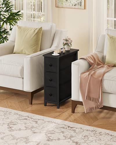 Narrow Side Table with 3 Fabric Drawers, Industrial Slim Bedside Table for Small Spaces, Bedroom, Living Room, Dormitory, Black TBZ09BB - color: Black