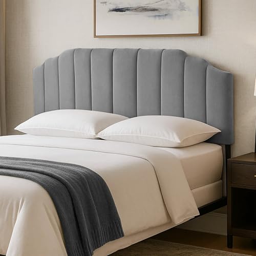 Upholstered Headboard Adjustable Height Queen/King Headboard Cream Velvet Tufted Modern Vertical Channel Design with Stepped Silhouette Top Edge(Grey Queen) - color: Gray, size: Queen