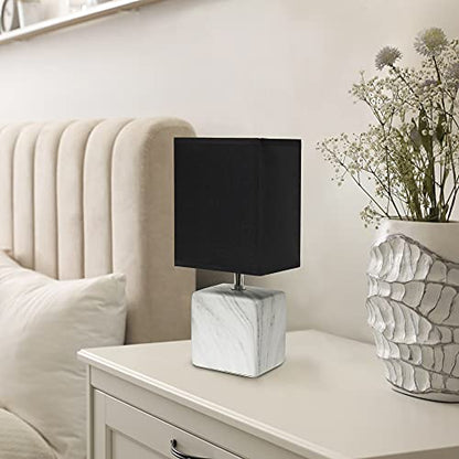 Simple Designs LT2071-WOB Mini Petite White Gray Marbled Ceramic Bedside Table Lamp with Black Shade - color: Marble White/Black Shade