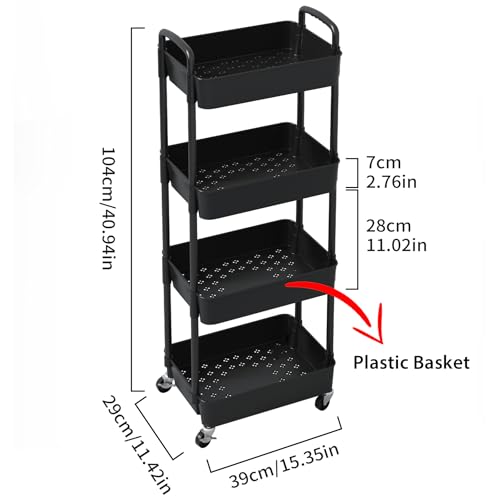 Sywhitta 4-Tier Plastic Rolling Utility Cart with Wheels for Storage, Black | Multi-Functional Storage Trolley, for Office, Living Room, Kitchen, Bathroom,Movable Organizer,Space-Saving,Easy to assemble - color: Black, size: 4-tier