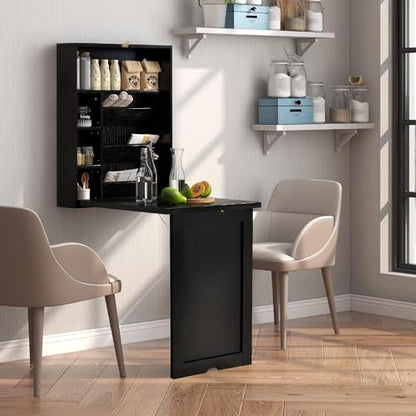 Wall Mounted Desk, Wood Collapsible Floating Desk, Convertible Computer Desk with Storage Area, Hanging Fold Out Table for Home Office, Small Spaces (Black) - color: Black